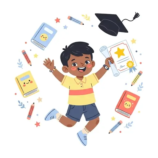 Ilustrasi anak melompat gembira memegang sertifikat prestasi