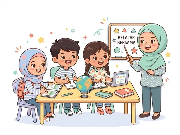Ilustrasi anak-anak belajar bersama guru dengan ceria di Star Bimbel